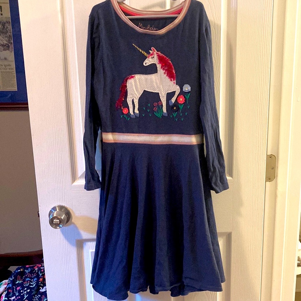 Navy Blue Mini Boden Appliqué Unicorn Skater Dress